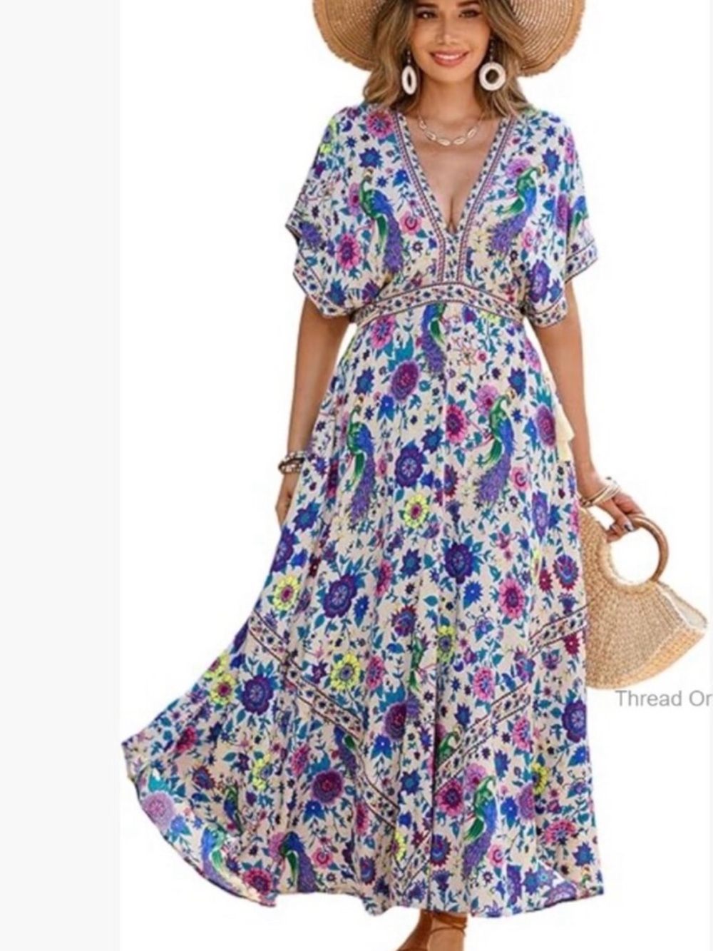 Vivimos dress Floral Cream Maxi Dress with Purple & Green Accents
